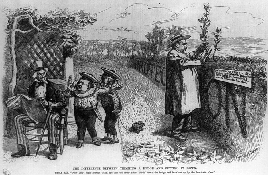 Grover Cleveland attacked in poliitcal cartoon for protectionist tariffs in 1888.