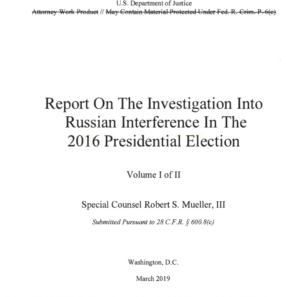 Image of the cover of the Mueller Report. 