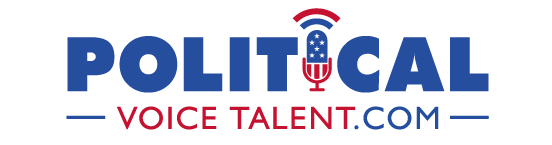 PoliticalVoiceTalent.com logo against a white background. The I of the word Political is in the shape of a red, white & blue microphone, with red and blue sound waves emanating from the top.