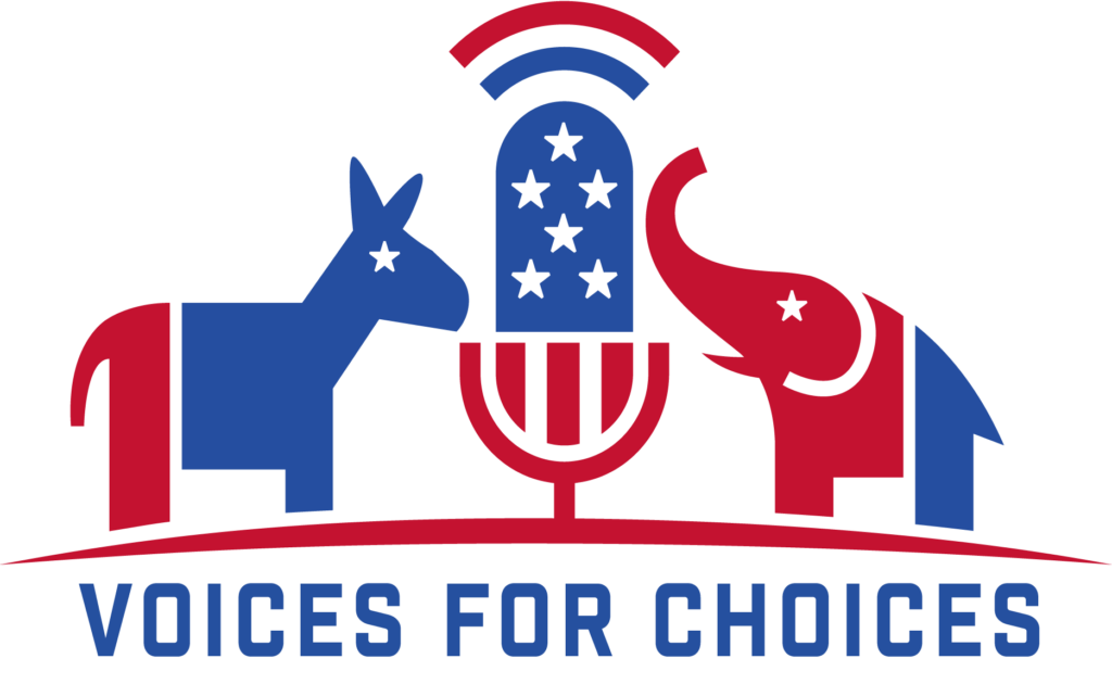 Donkey representing Democratic candidates and Elephant representing Republican candidates on either side of the PoliticalVoiceTalent.com red, white & blue microphone
