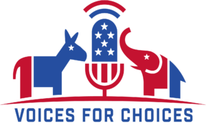 Donkey representing Democratic candidates and Elephant representing Republican candidates on either side of the PoliticalVoiceTalent.com red, white & blue microphone