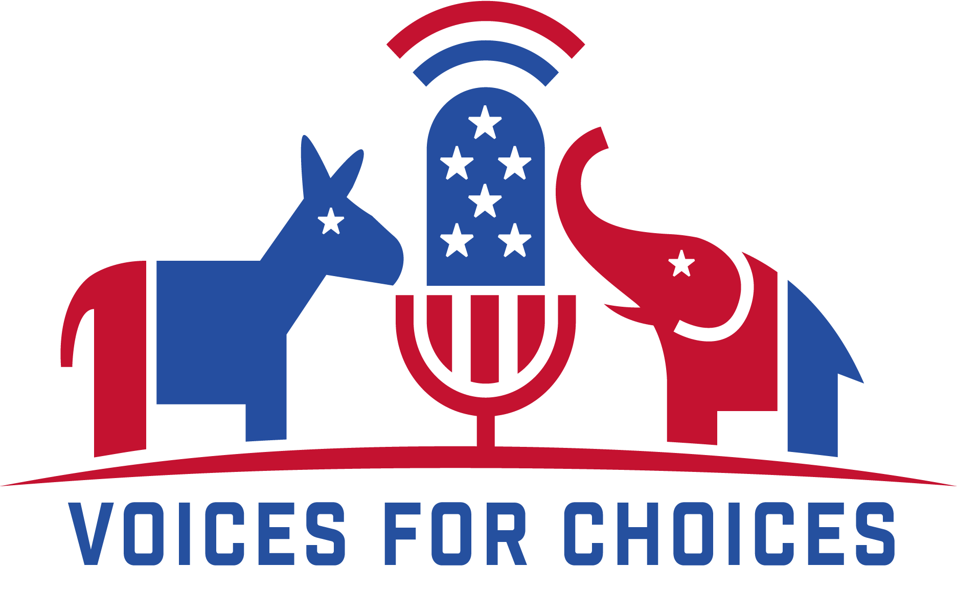 Donkey representing Democratic candidates and Elephant representing Republican candidates on either side of the PoliticalVoiceTalent.com red, white & blue microphone