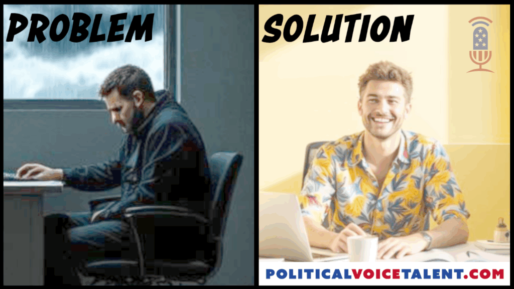Split image showing a dark, gloomy office labeled “Problem” with a man working at a desk, contrasted with a bright, colorful workspace labeled “Solution” featuring a man working comfortably, along with the website name POLITICALVOICETALENT.COM.